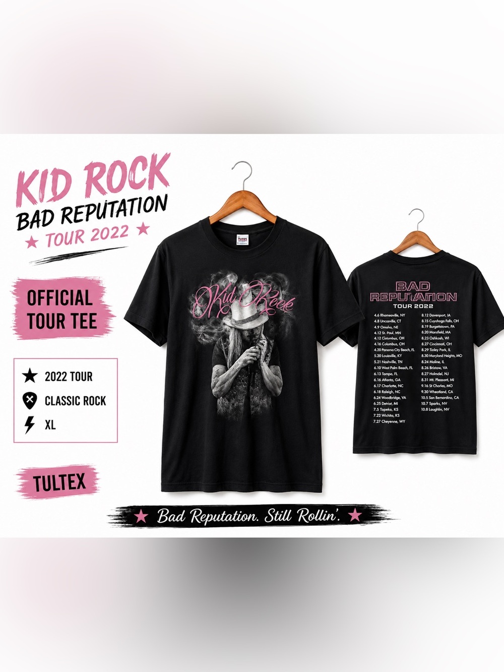 Kid Rock Bad Reputation Tour 2022 Concert T-Shirt XL Black Graphic Tee Tultex
